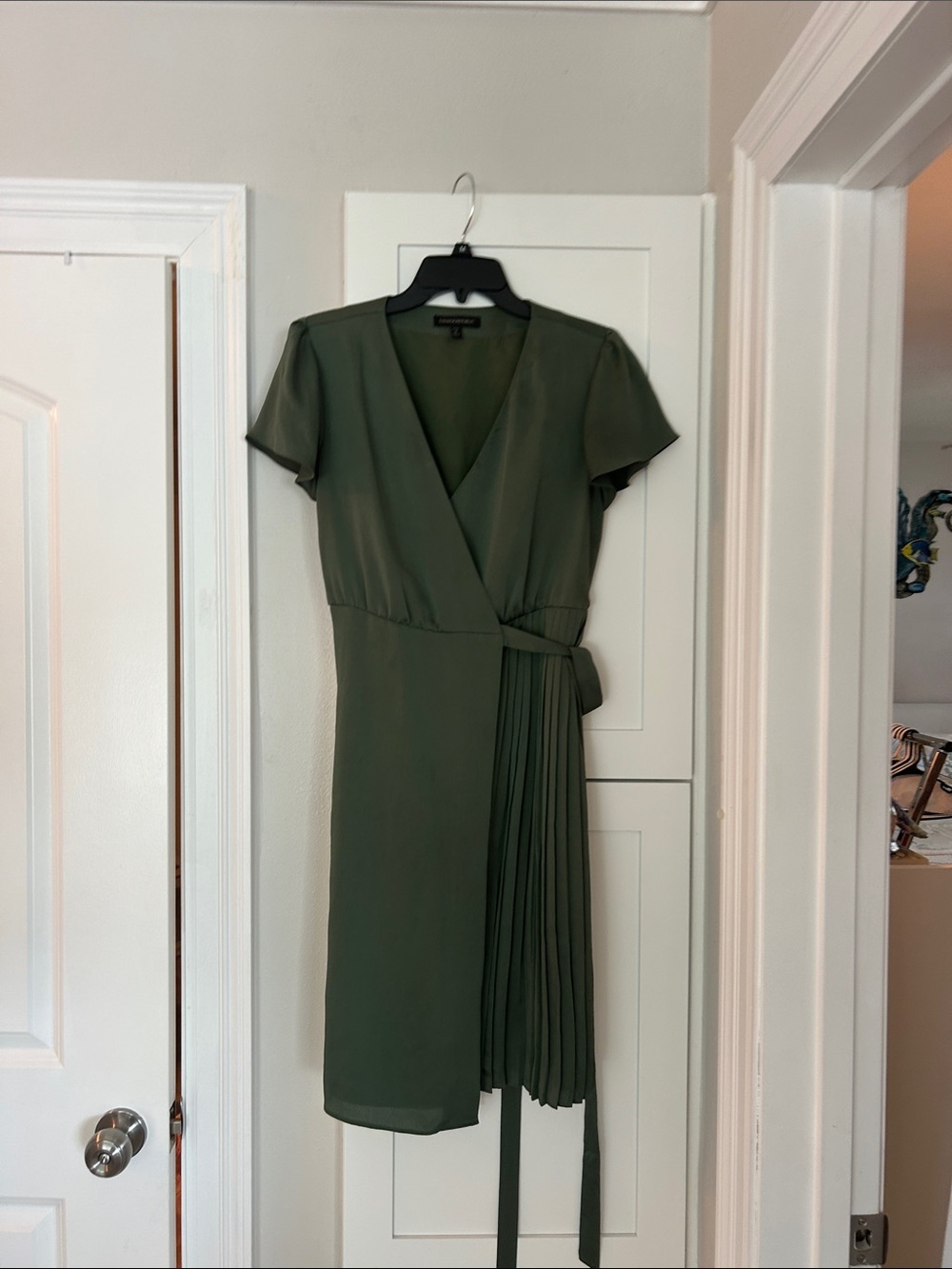 Banana Republic Dark Olive Wrap Midi Dress with Pleated Panel